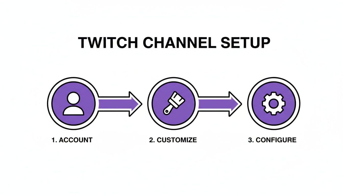 A diagram illustrating three steps for Twitch channel setup: account, customize, and configure, with corresponding icons and arrows.
