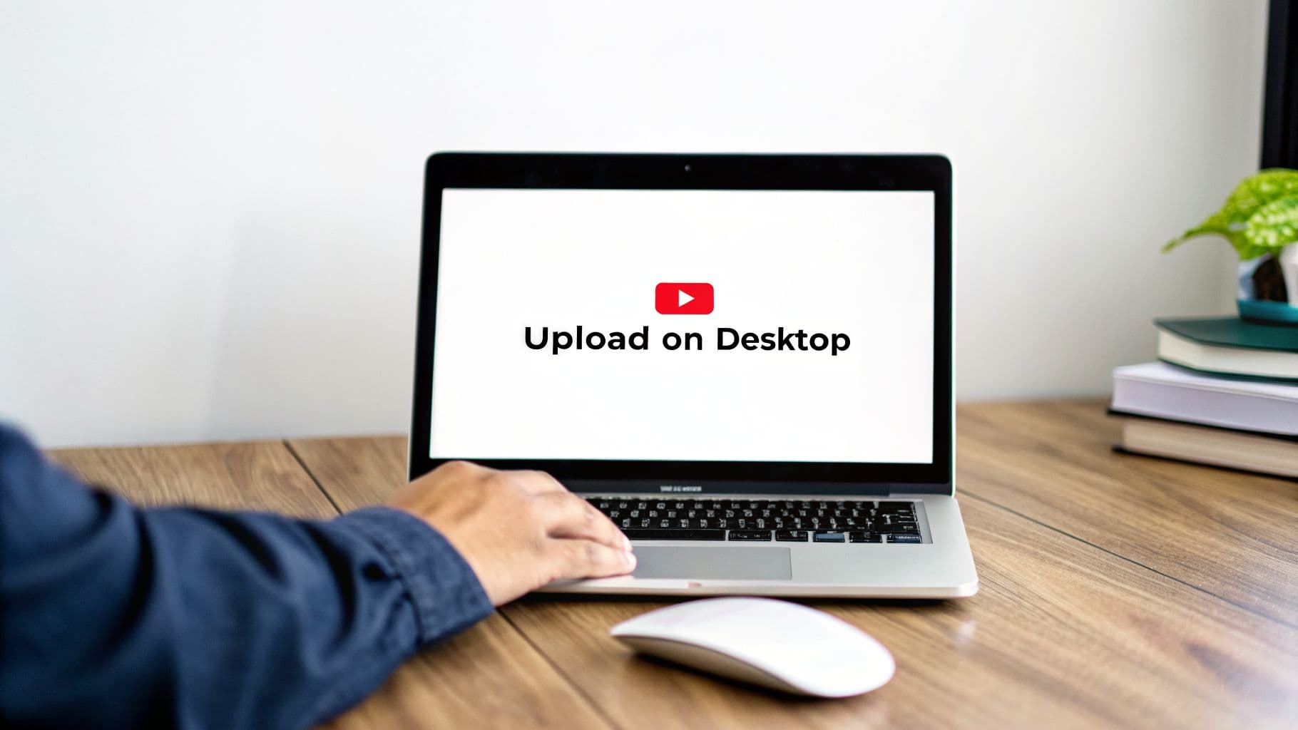 Tangan seseorang di laptop yang menampilkan layar 'Upload on Desktop' YouTube, dengan mouse di meja kayu.