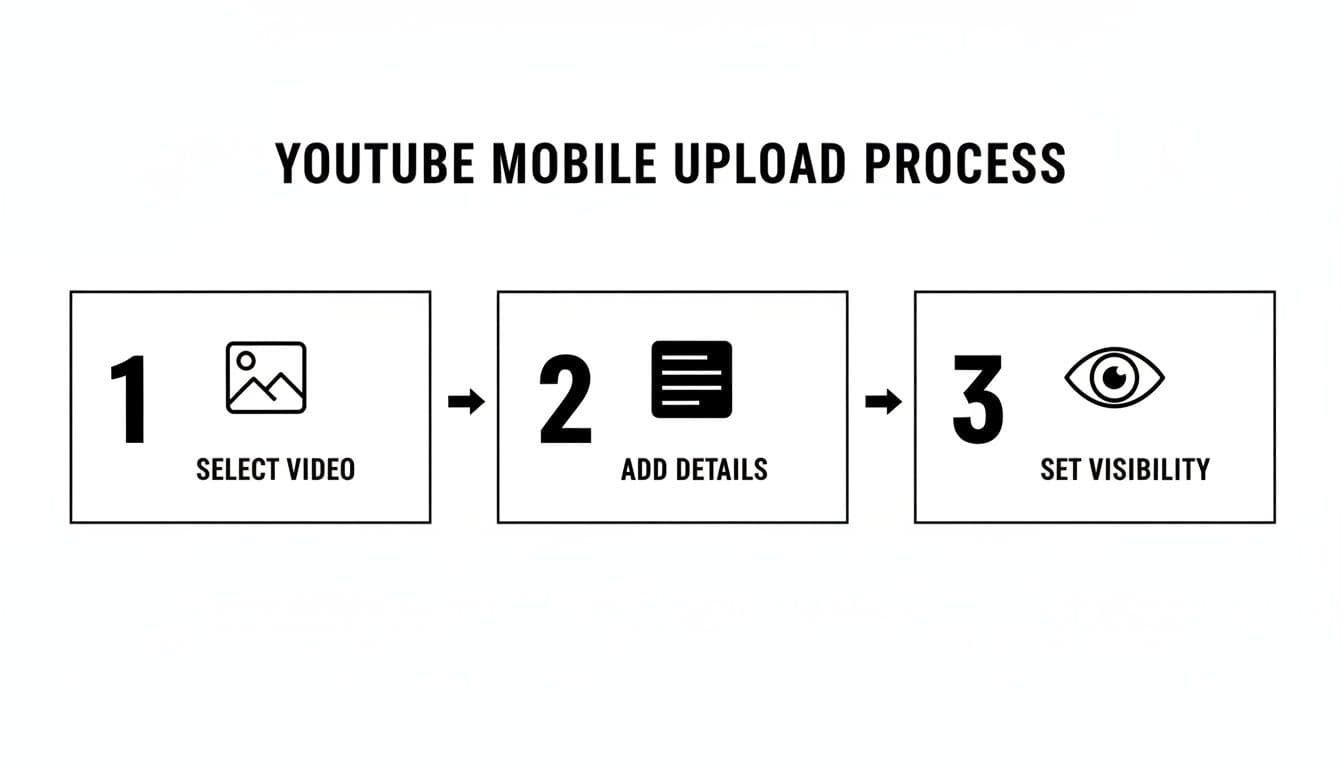 Diagram yang menguraikan proses unggah mobile YouTube tiga langkah: pilih video, tambah detail, dan atur visibilitas.