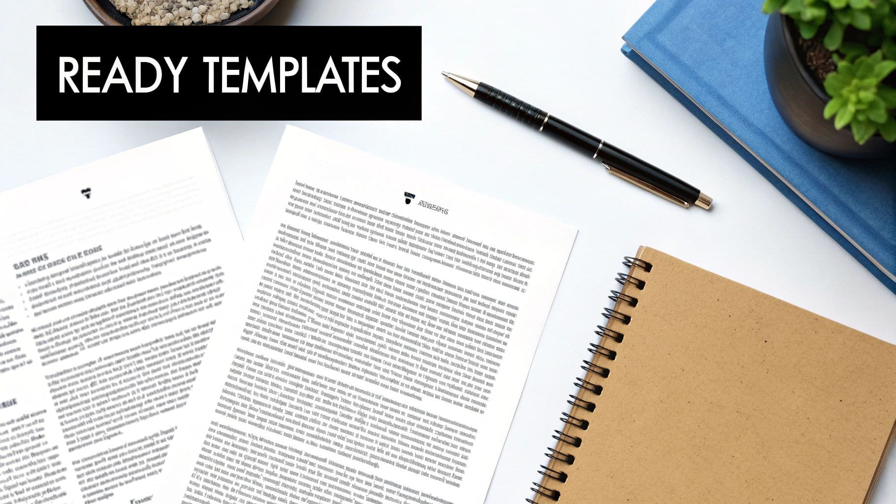 A clean white desk workspace with two document templates, a pen, notebook, and plant, featuring 'READY TEMPLATES' text.
