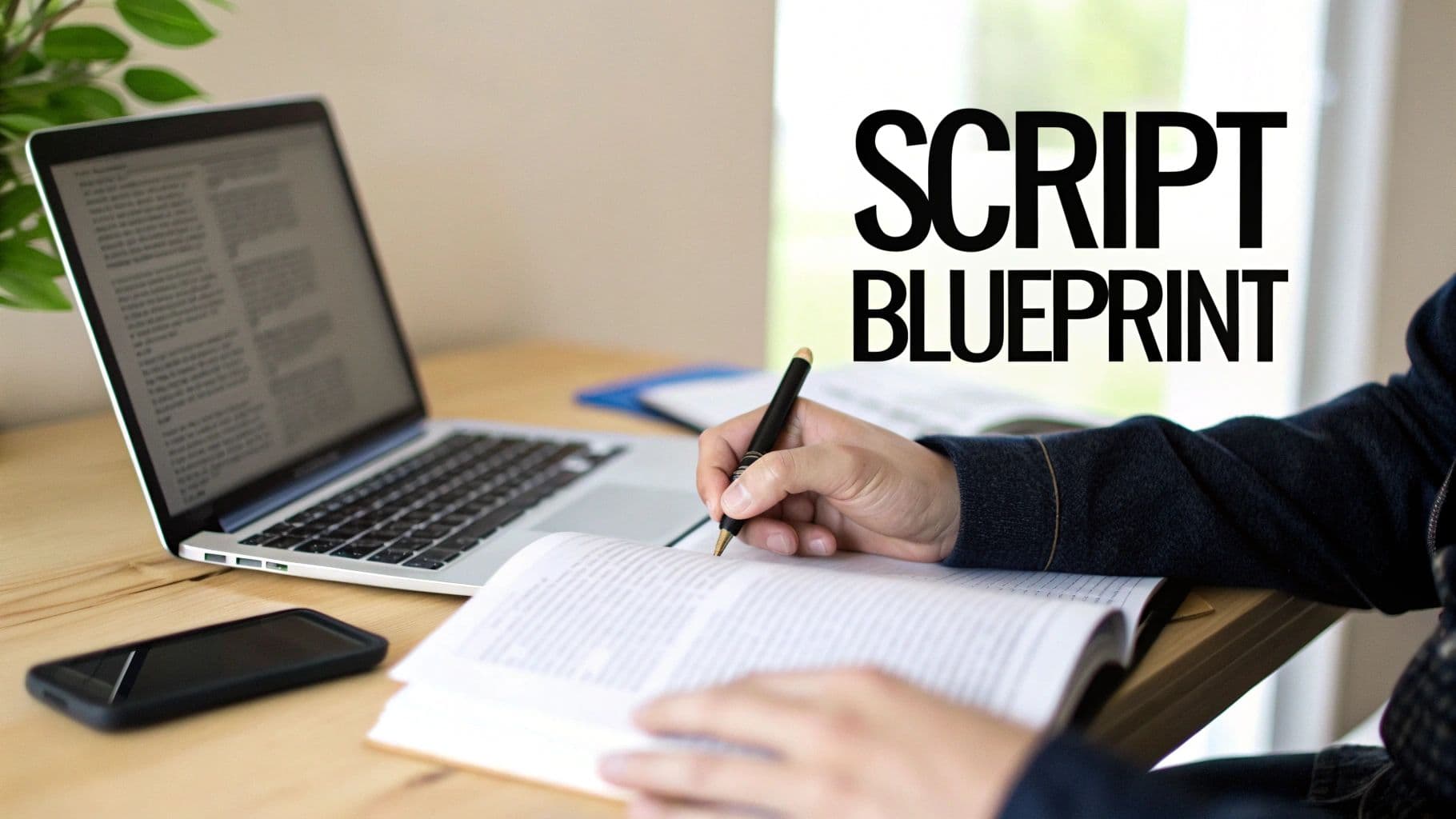 Person writing in a notebook next to a laptop with 'SCRIPT BLUEPRINT' text overlay.