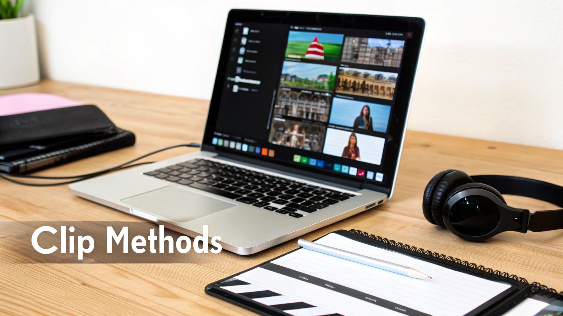 Un portàtil sobre un escriptori de fusta mostra programari d'edició de vídeo amb múltiples clips, al costat d'auriculars i una claqueta.