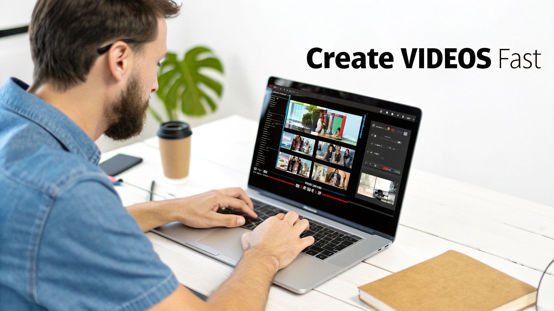 A visual representation of an AI video creation interface, with elements like script, visuals, and timeline.