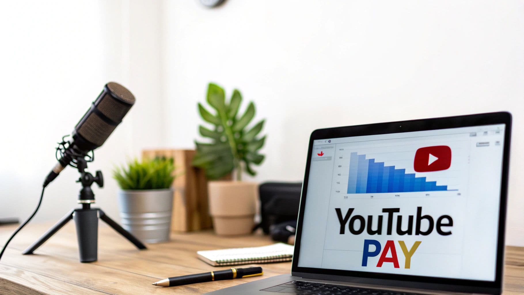 A laptop displaying 'YouTube PAY' with a graph, a microphone, and a pen on a wooden desk.