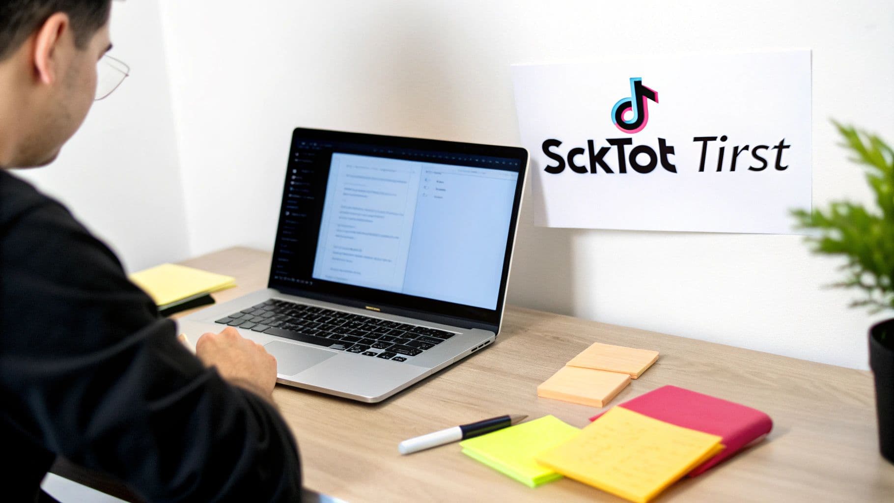 Professional workspace with laptop displaying TikTok content creation interface and colorful sticky notes