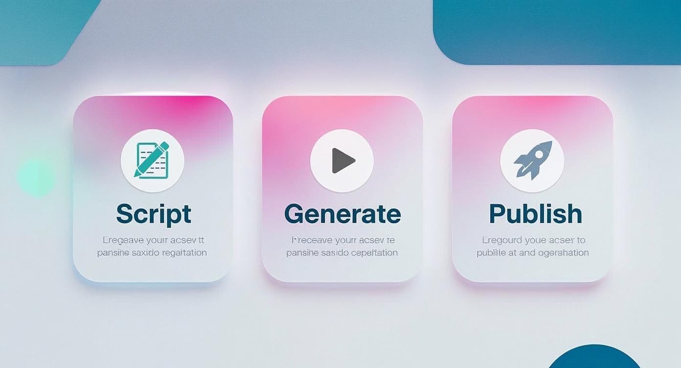 Three cards showing video creation workflow steps: Script, Generate, and Publish with icons