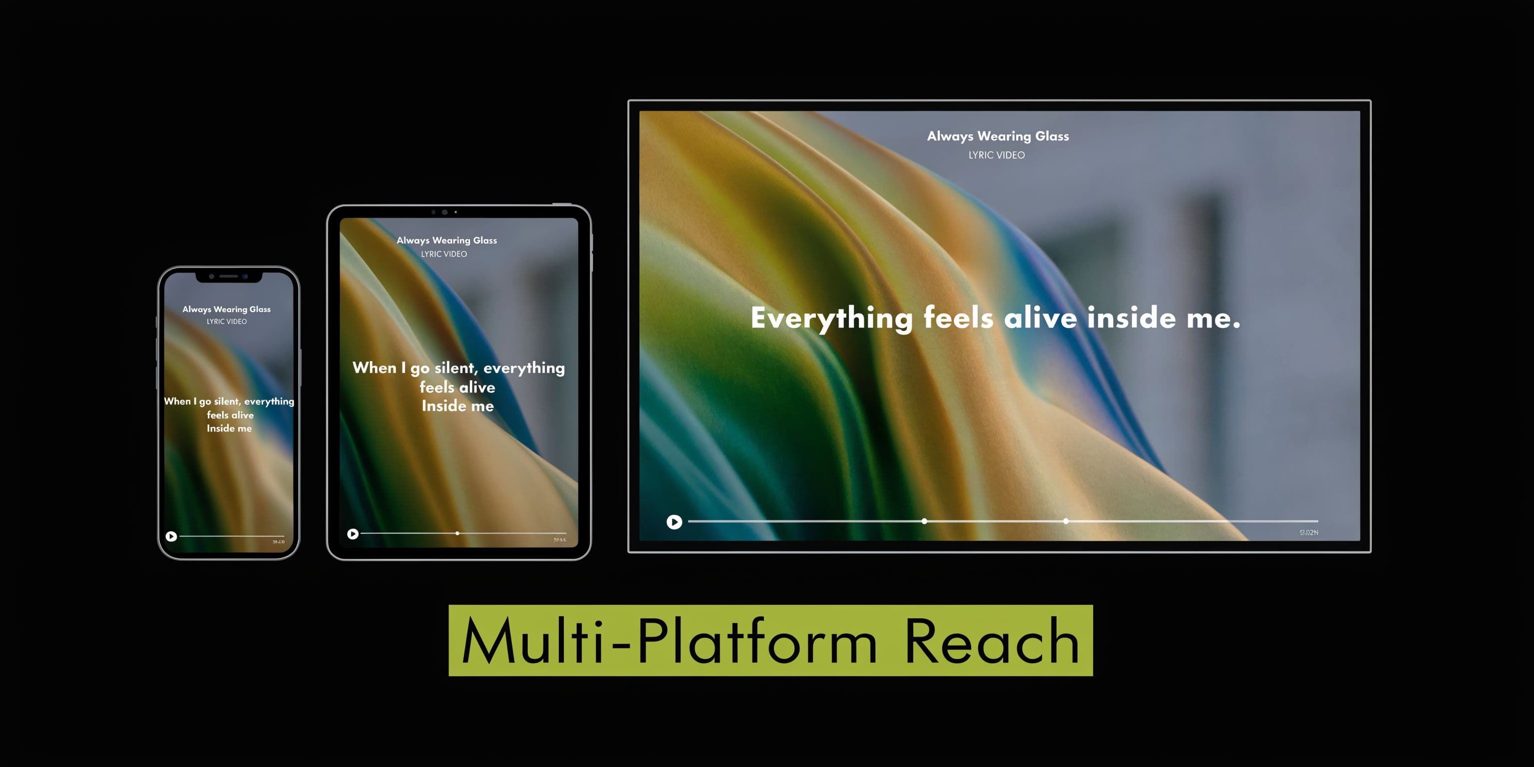 A graphic demonstrating a lyric video displayed across a smartphone, tablet, and desktop computer screen.
