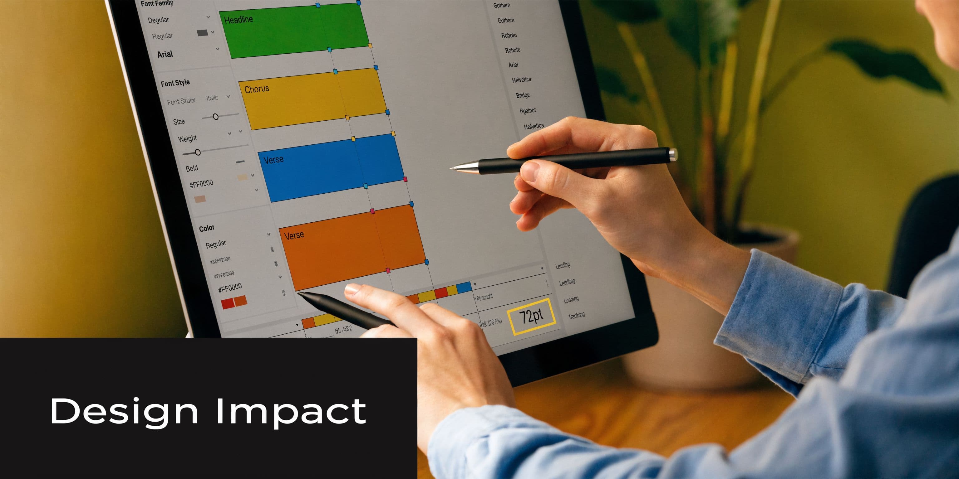 A person using a stylus on a digital touch screen to edit a musical lyric video layout.