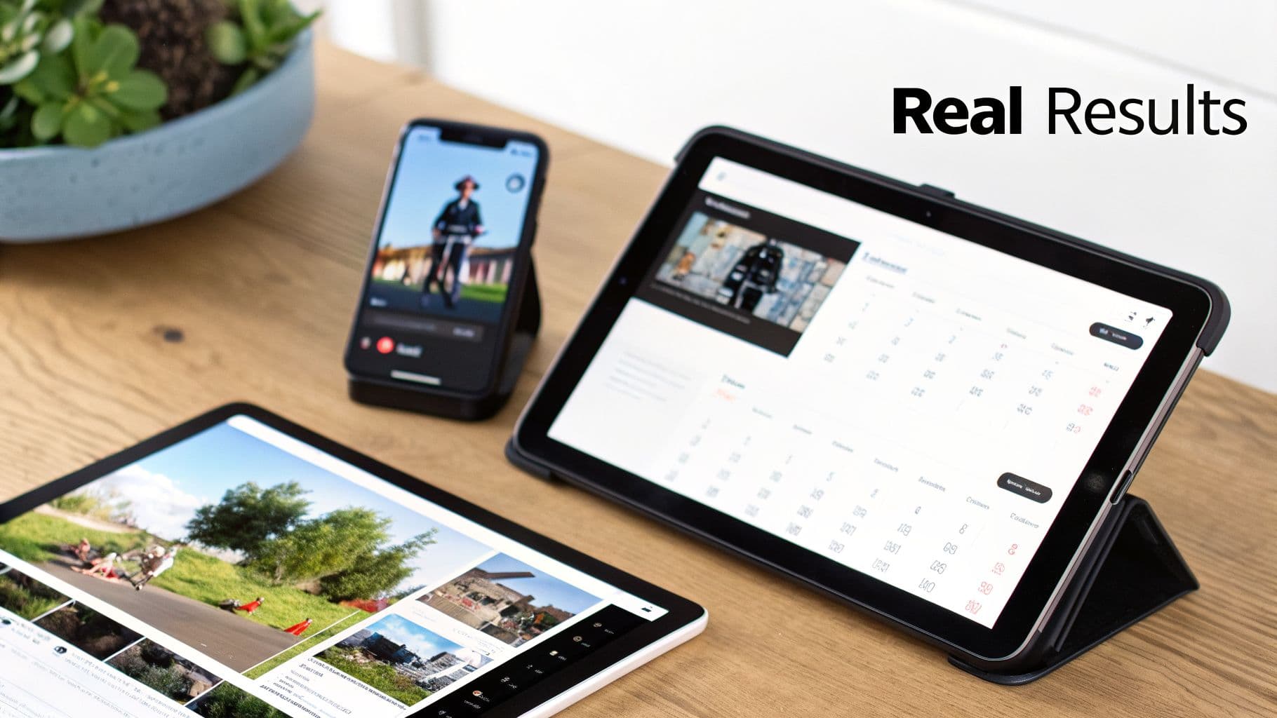 Três dispositivos digitais modernos: um smartphone e dois tablets exibindo conteúdo em uma mesa de madeira.