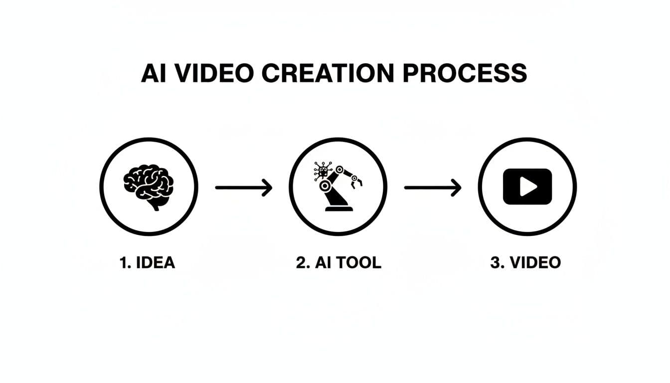 Um diagrama ilustrando o processo de criação de vídeo com IA: Ideia (cérebro), Ferramenta de IA (robô) e Vídeo (botão play).