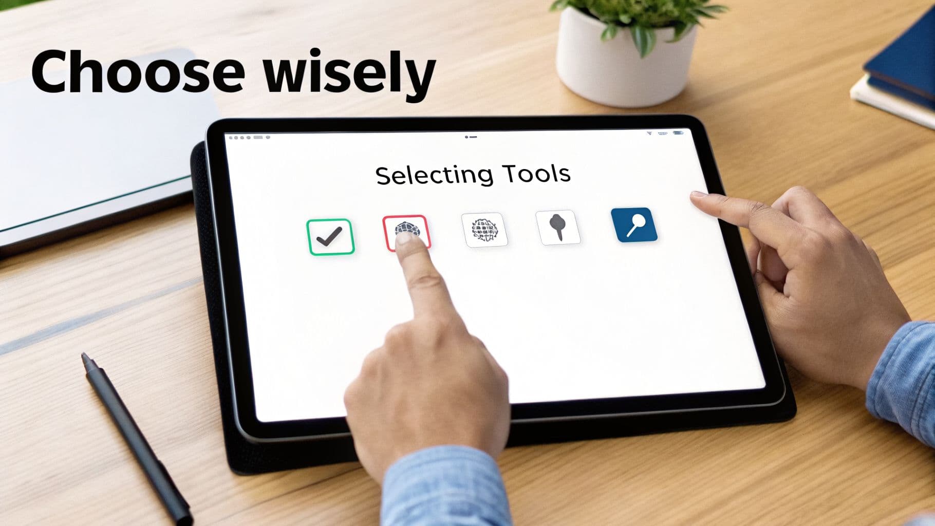 Uma mão toca um ícone de globo em uma tela de tablet, selecionando ferramentas, com texto 'Escolha com sabedoria'.