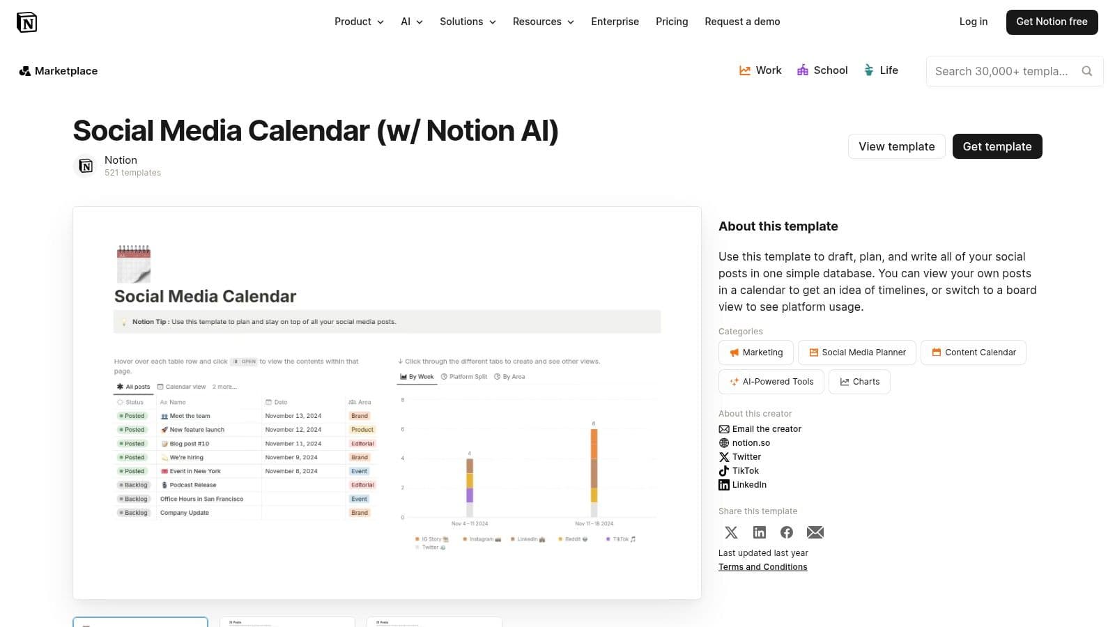 Notion — Social Media Calendar Template (Marketplace)