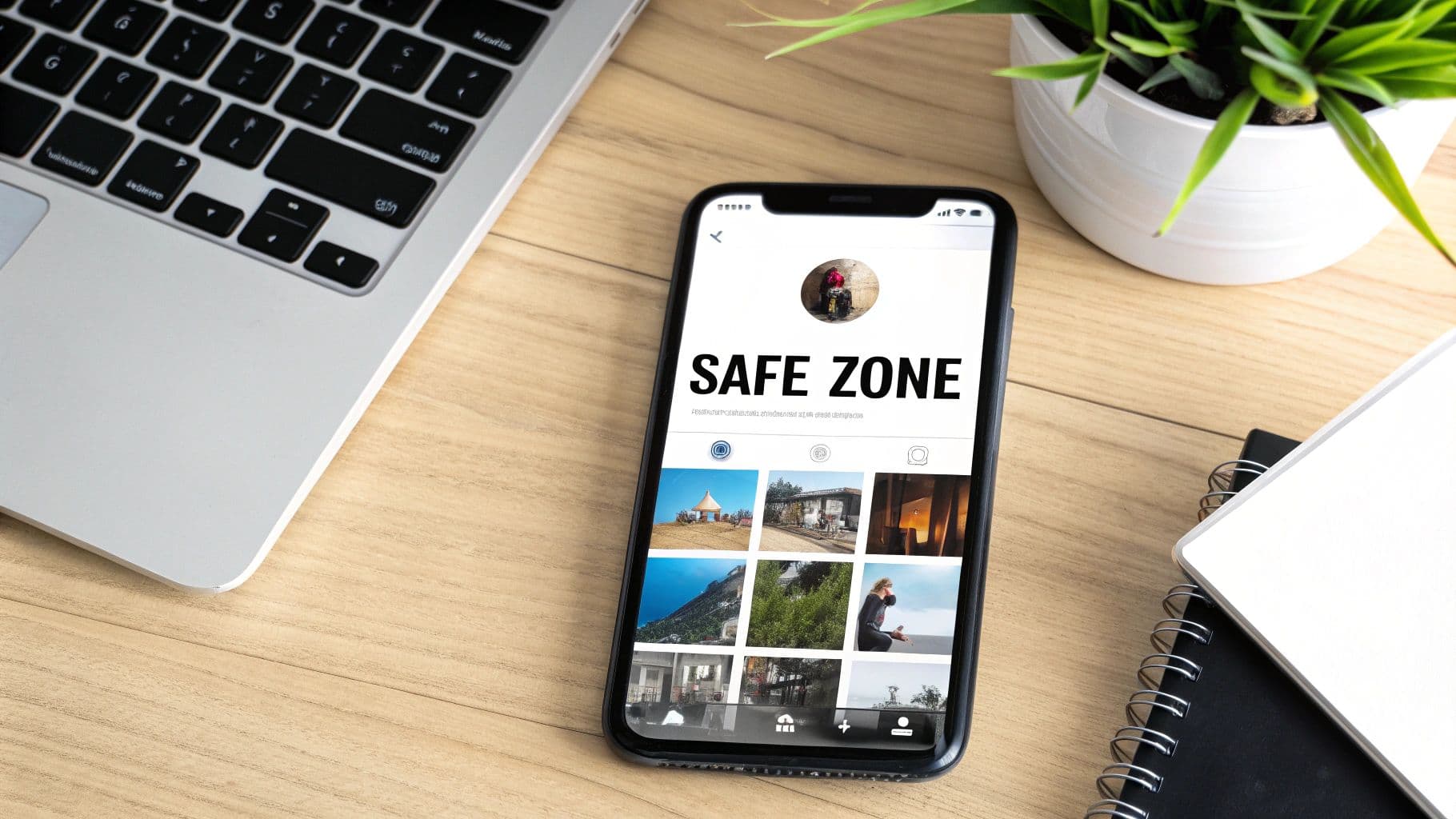 תמונה מלמעלה של סמארטפון שמציג פרופיל מדיה חברתית 'SAFE ZONE' עם תמונות, ליד מחשב נייד וצמח על שולחן עץ.