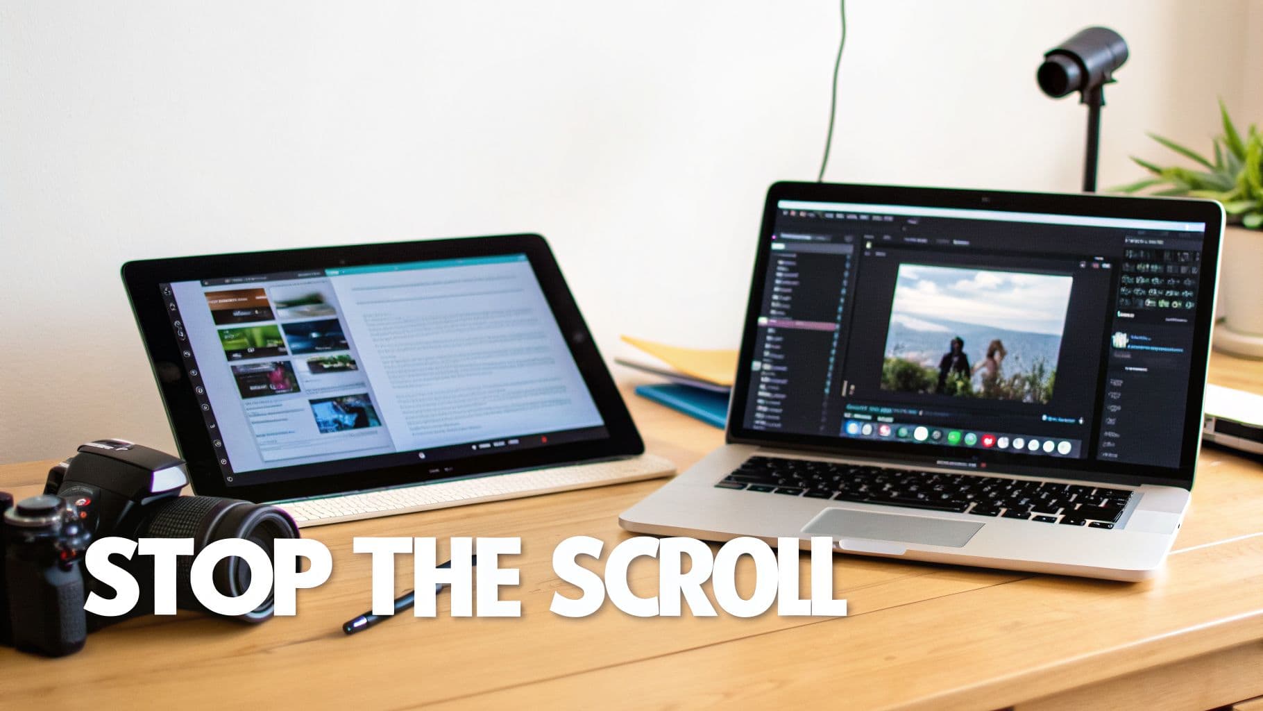 Un espai de treball creatiu amb un portàtil, tauleta i càmera sobre un escriptori de fusta, preparat per a la creació de contingut digital.