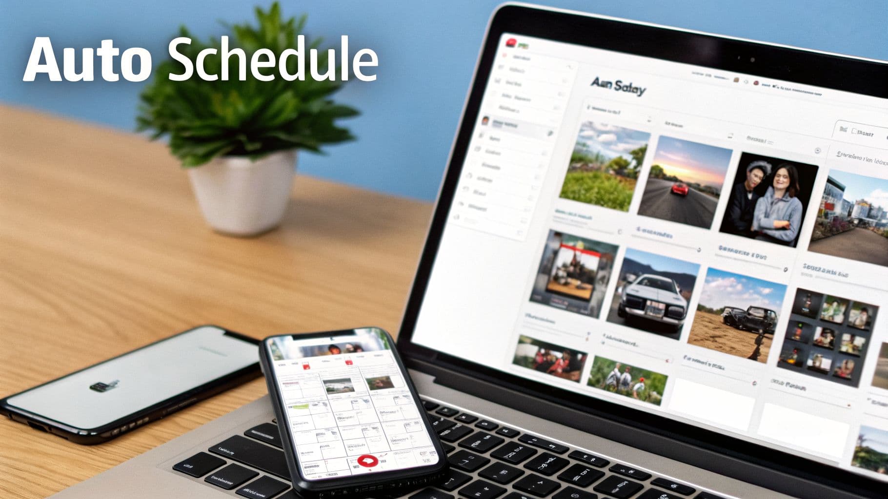 Portàtil i smartphone sobre un escriptori de fusta mostrant aplicacions de creació i programació de contingut per a xarxes socials.
