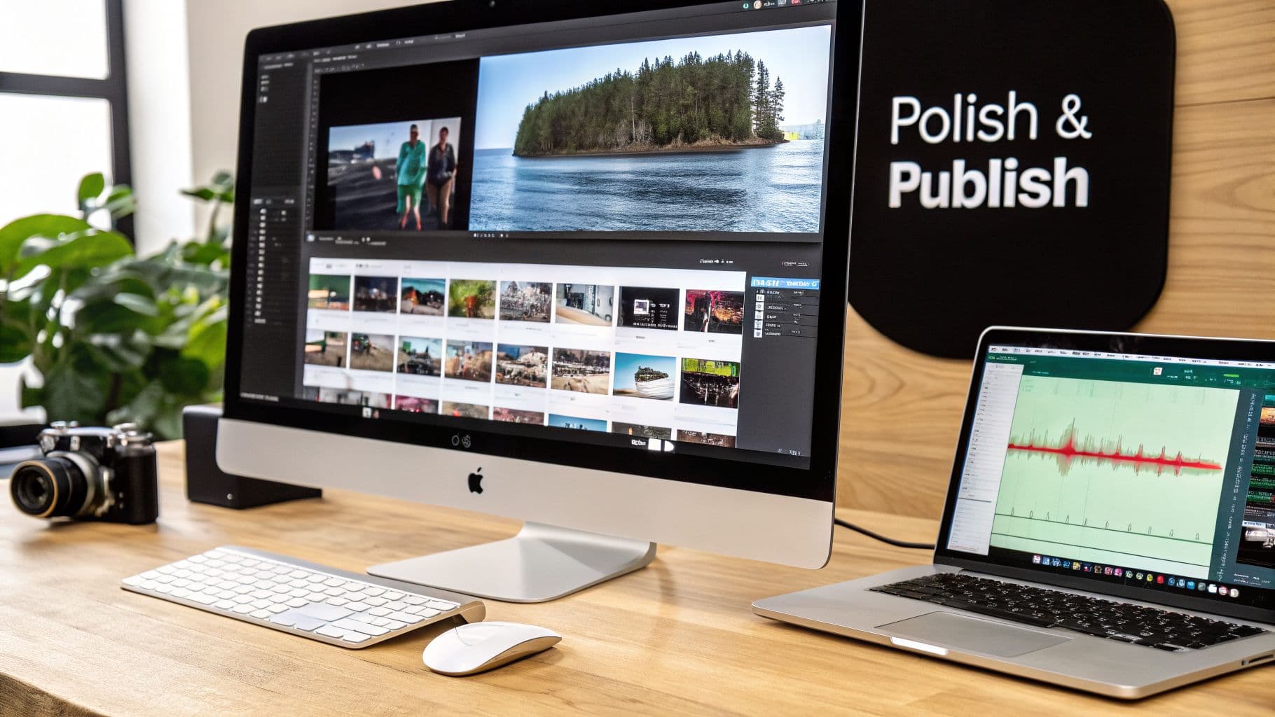 Un espai de treball digital modern amb un iMac, MacBook, càmera i rètol 'Polish & Publish', destacant la creació de contingut.