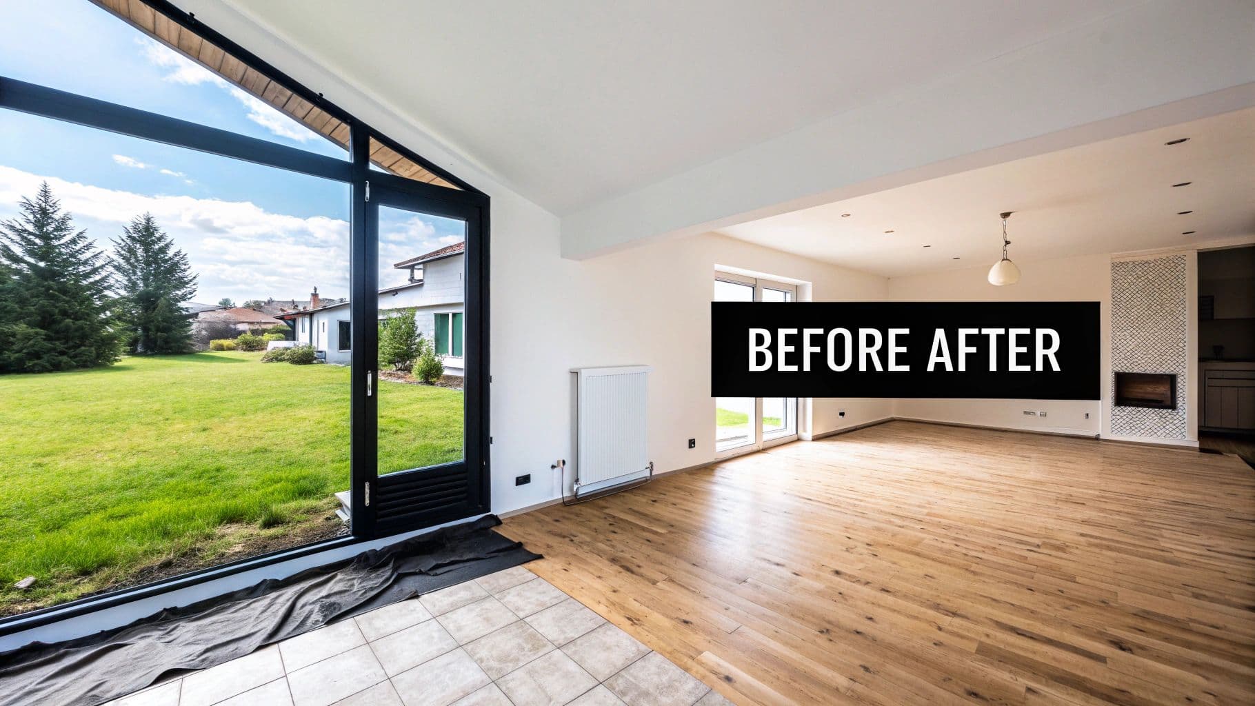 Habitatge renovat buit amb terra de fusta nova, parets blanques, gran finestra al jardí i superposició de text 'BEFORE AFTER'.