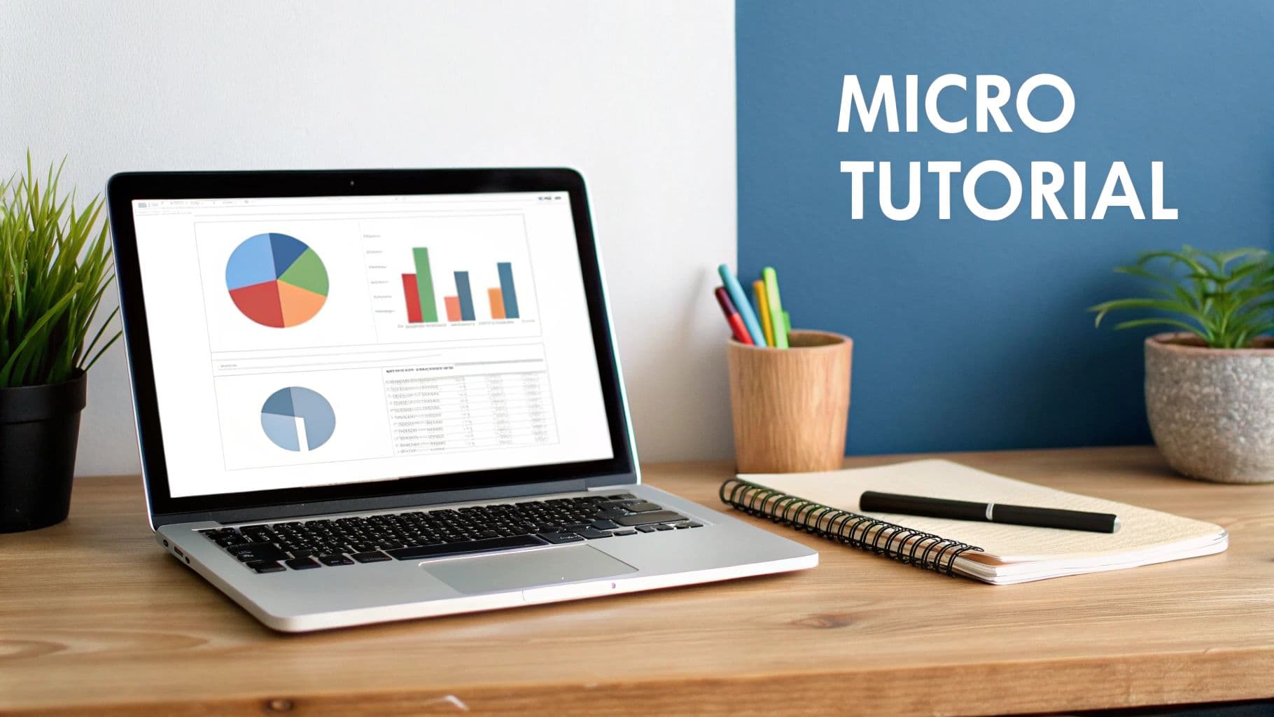 Un espai de treball modern amb un portàtil mostrant gràfics de dades, bolígrafs colorits, un quadern i plantes, amb el text 'MICRO TUTORIAL'.