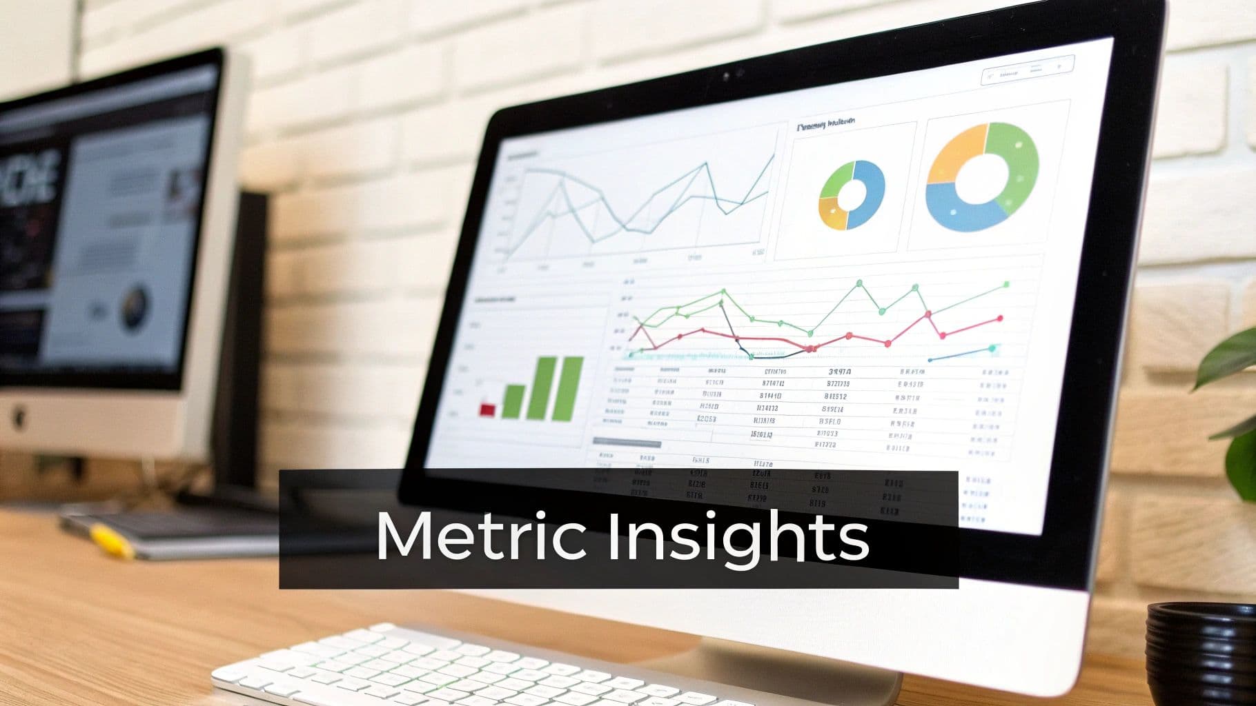 A computer screen displays a data analytics dashboard with various charts, graphs, and business metrics.