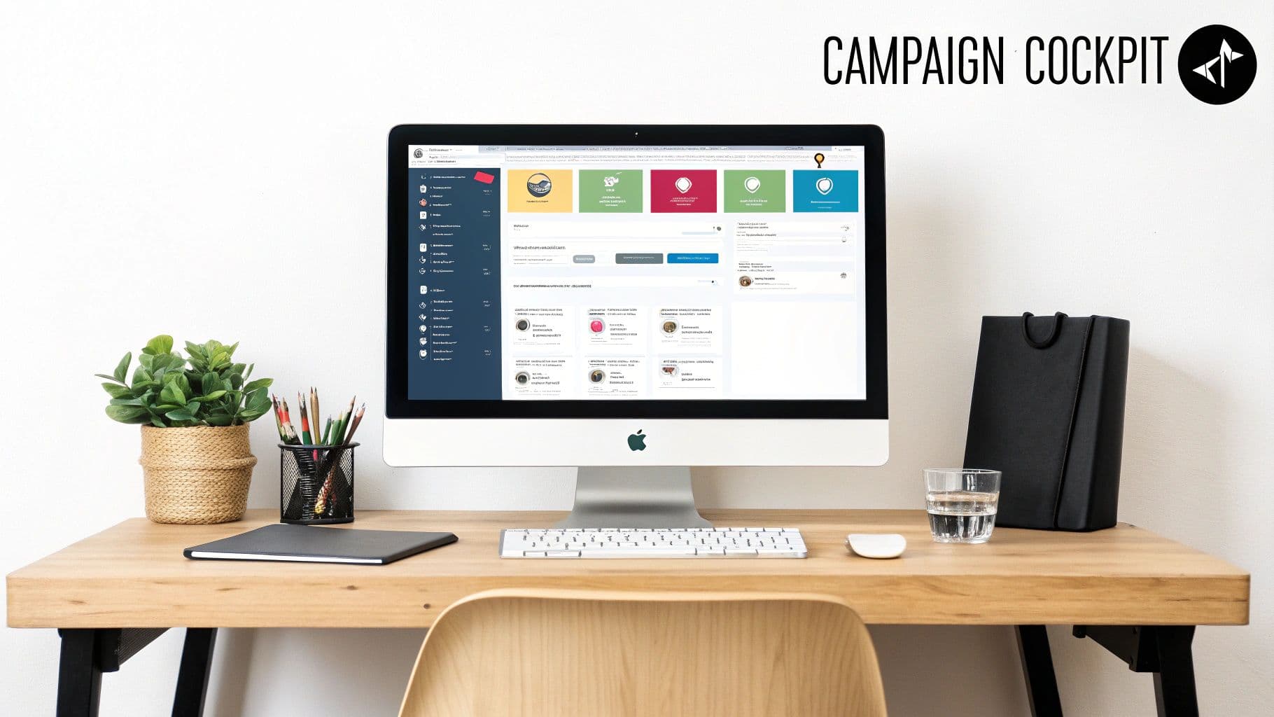 A modern desk setup featuring an iMac displaying a campaign management dashboard, plant, and office essentials.