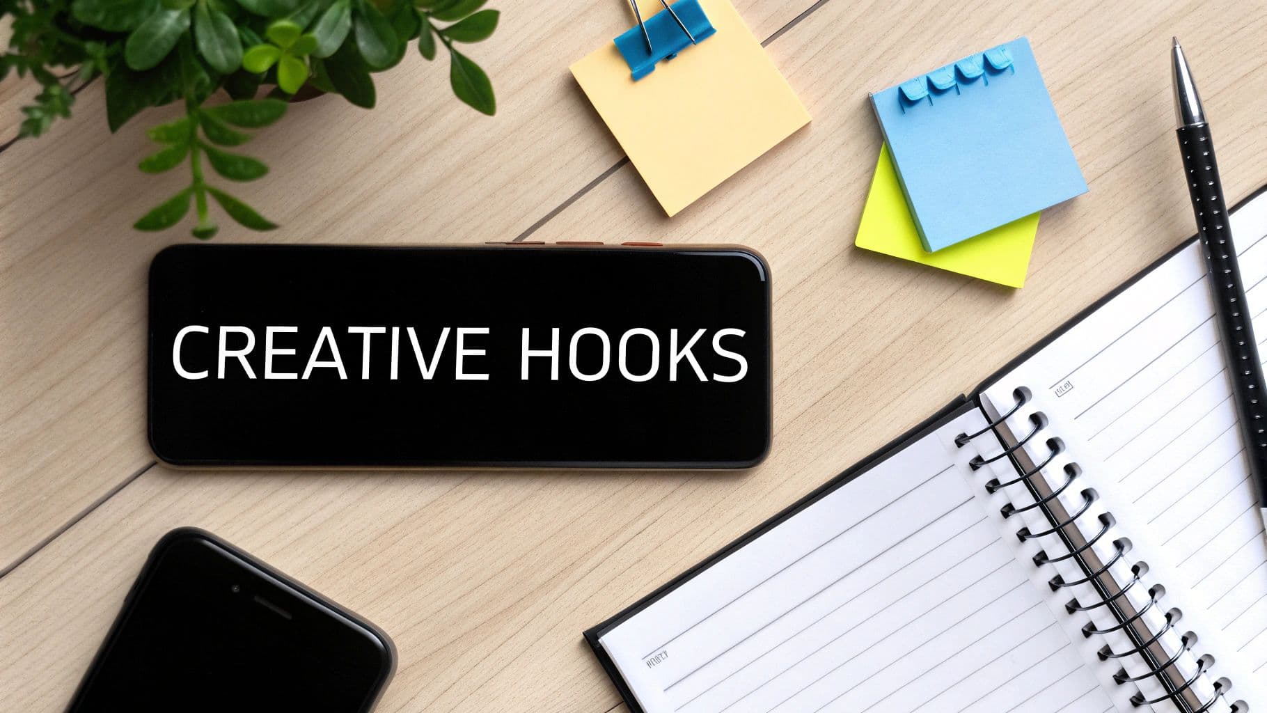 Una composició plana d’un escriptori amb un smartphone mostrant 'CREATIVE HOOKS', notes adhesives, ploma i quadern.