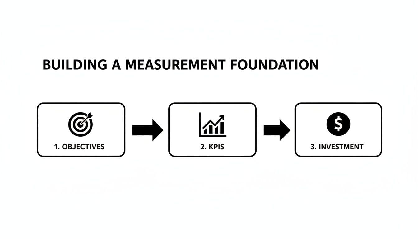 Diagramma di flusso che mostra i passaggi per costruire una base di misurazione: obiettivi, KPI e investimento.