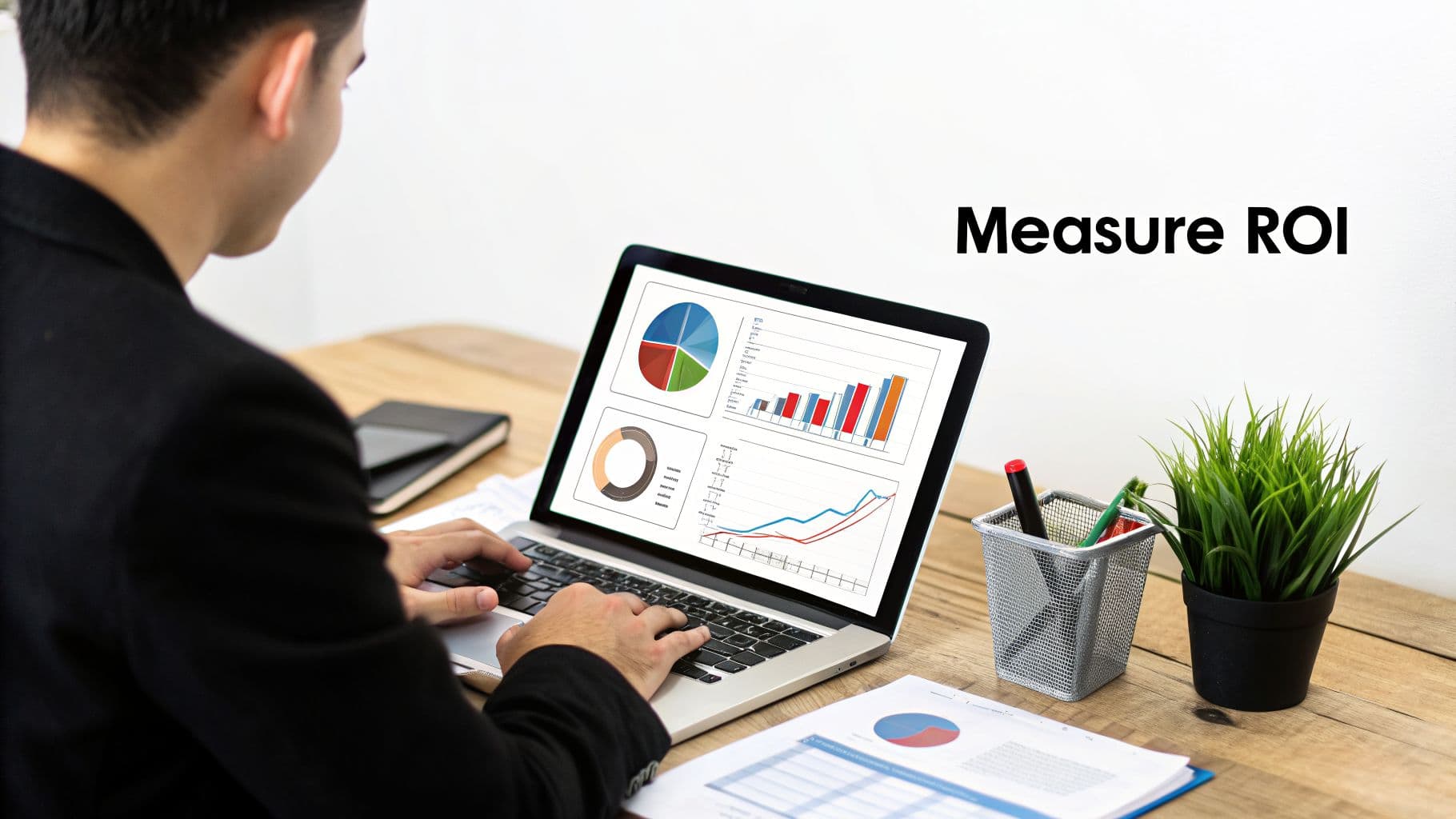 Un professionista aziendale che analizza il ROI su un laptop, con grafici e diagrammi, misurando le performance.