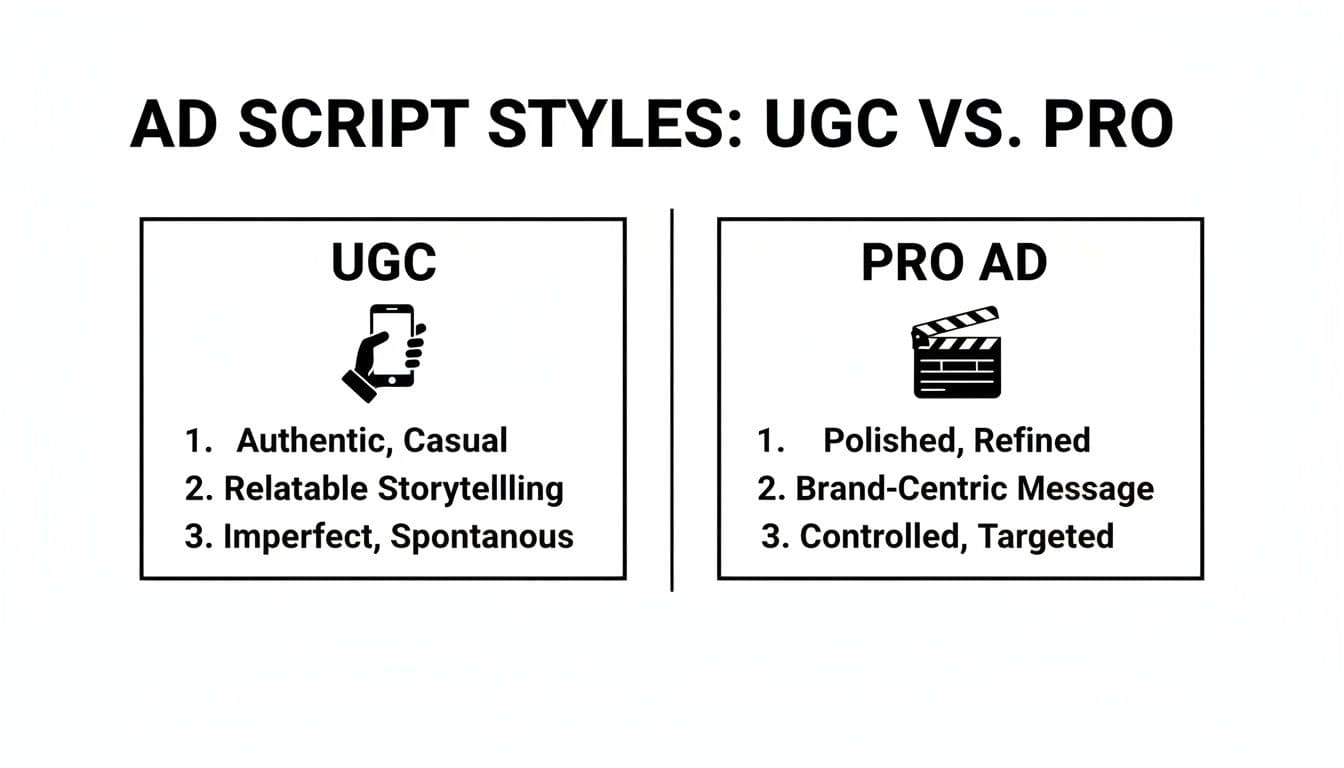 Un gràfic de comparació que delineia les característiques clau d'estils UGC versus guions d'anuncis professionals.