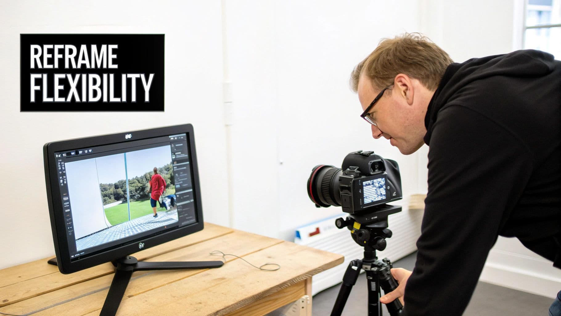 A man adjusts a DSLR camera on a tripod while viewing an image on a monitor, with "REFRAME FLEXIBILITY" text visible.