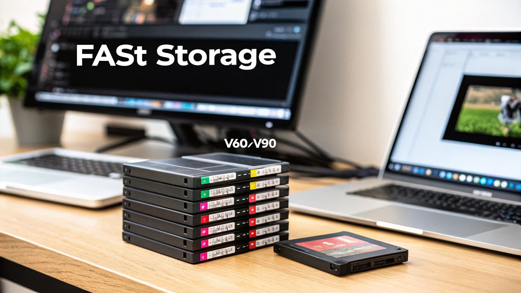 Professional workspace with stacked fast storage devices, computers, and video editing software.