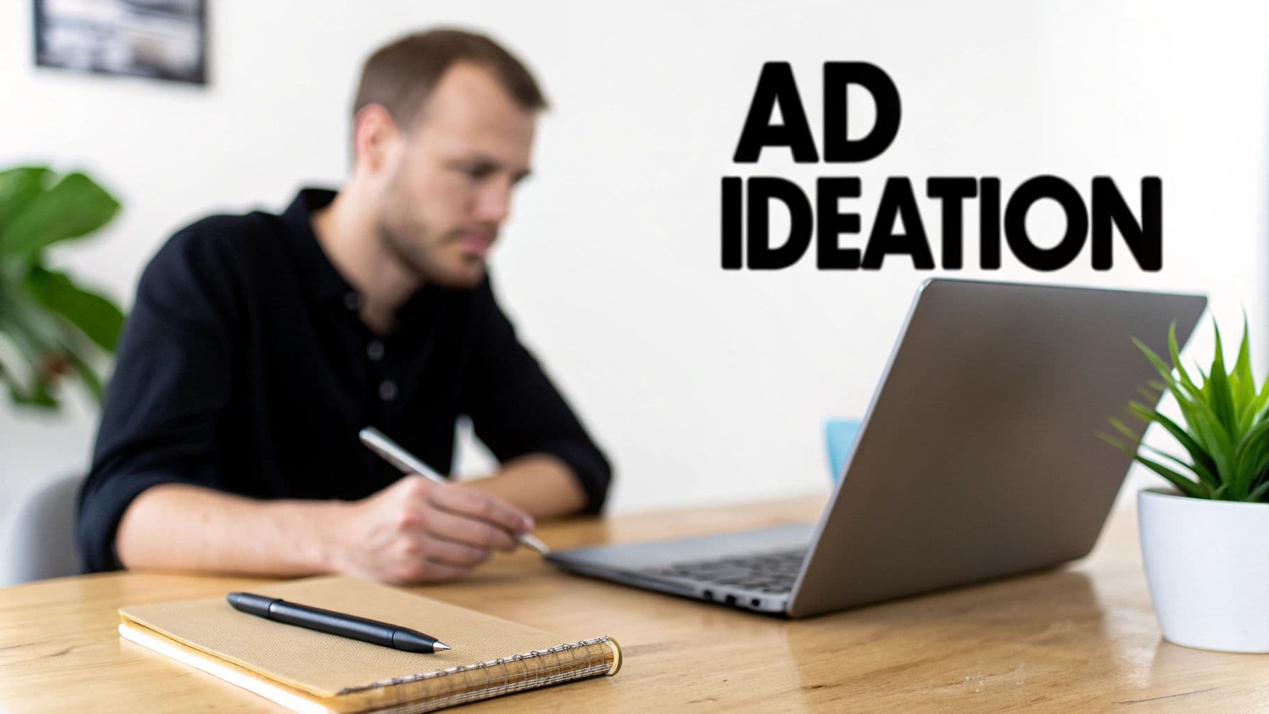 Un home a un escriptori amb un portàtil i un quadern, treballant en ideació d'anuncis.