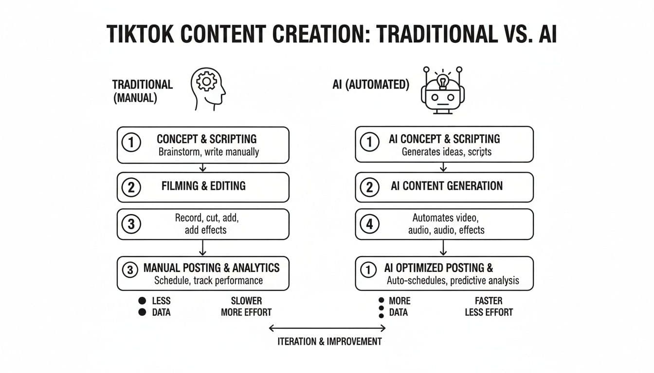 Diagrama de flux que il·lustra els fluxos de treball tradicionals vs. impulsats per AI per a la creació de contingut TikTok, emfatitzant la velocitat i eficiència de l'AI.