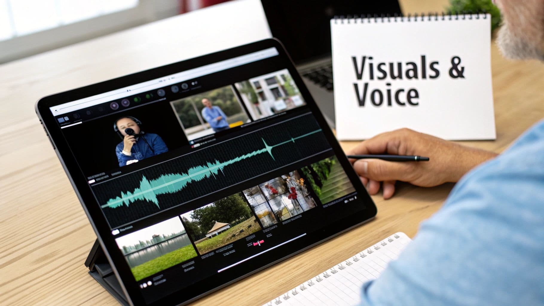 Una persona edita vídeo en una tauleta, mostrant formes d'ona d'àudio, clips de vídeo i text 'Visuals & Voice'.