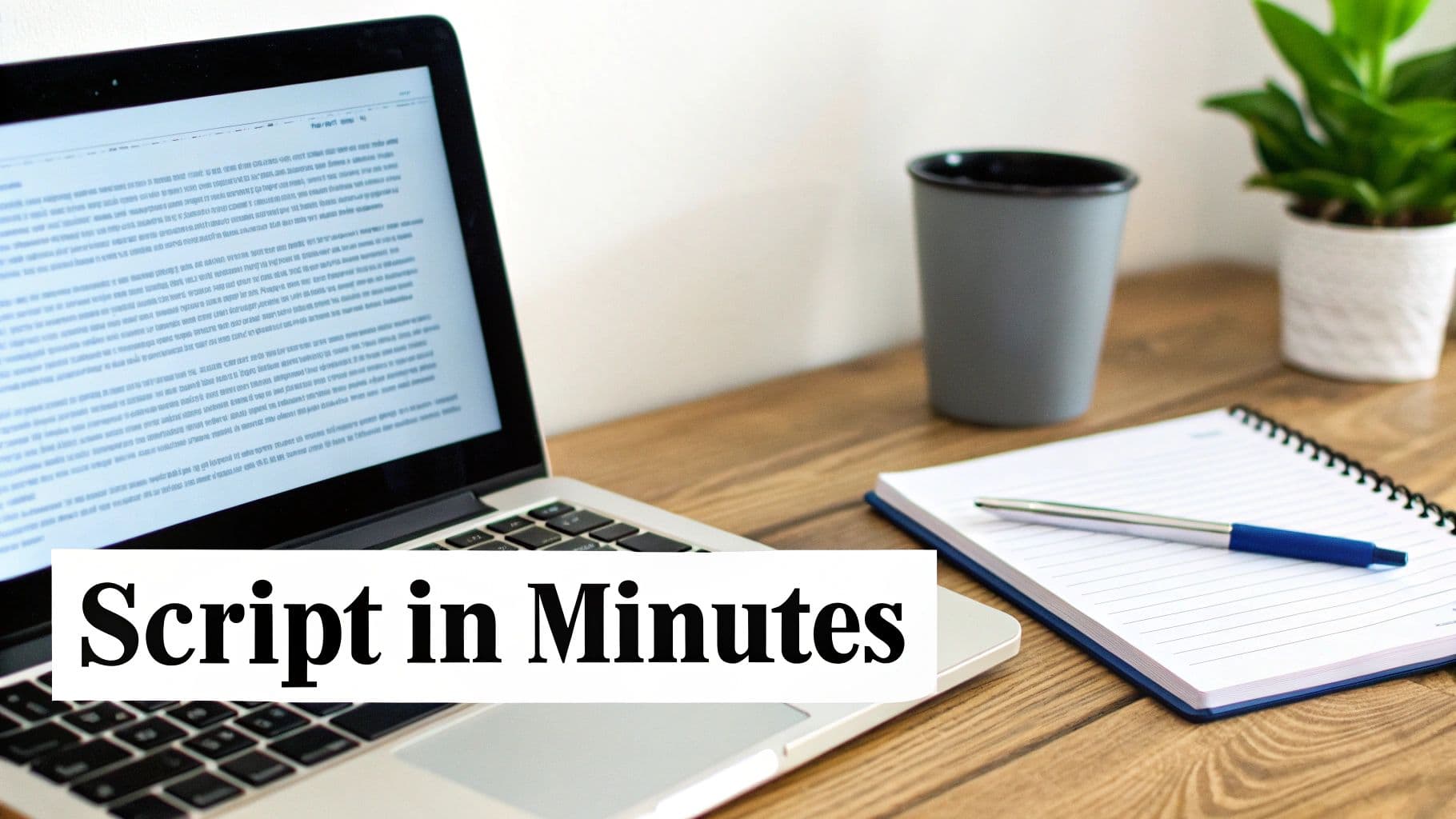 Un portàtil sobre un escriptori de fusta amb un quadern, ploma, tassa i planta, amb superposició 'Guió en minuts'.