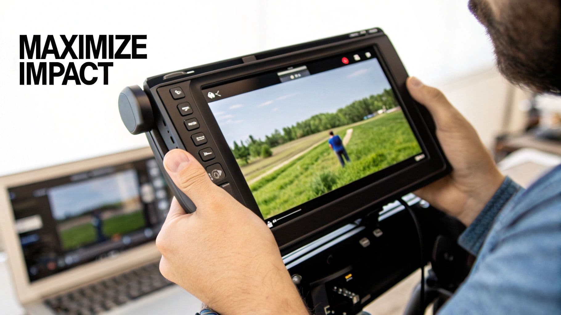 Persona sostenint un monitor portàtil que mostra un vídeo d'algú caminant en un camp verd, amb un portàtil al fons.