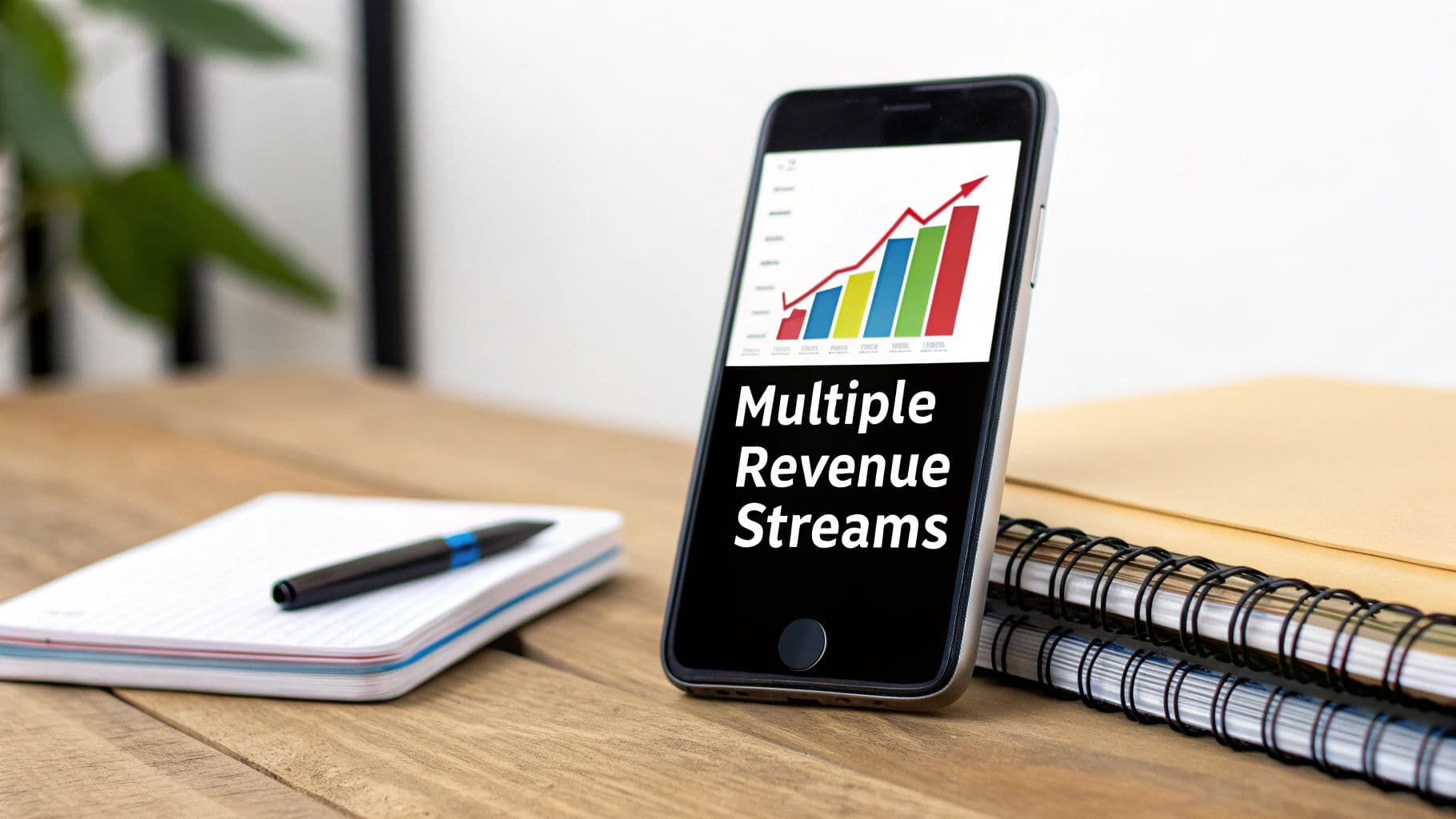 A smartphone displays a rising revenue chart and 'Multiple Revenue Streams' text on a desk with a notebook.