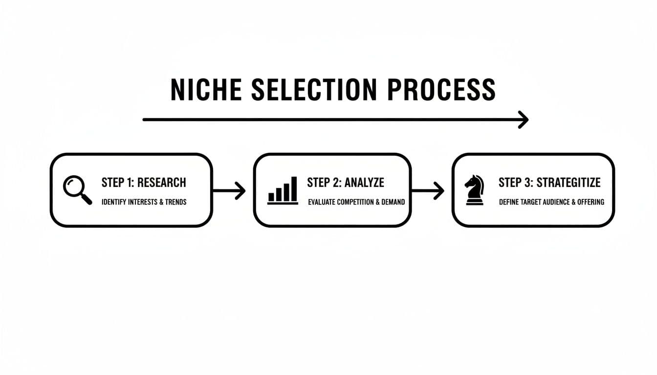 A flowchart outlining the Niche Selection Process with three steps: Research, Analyze, and Strategize.
