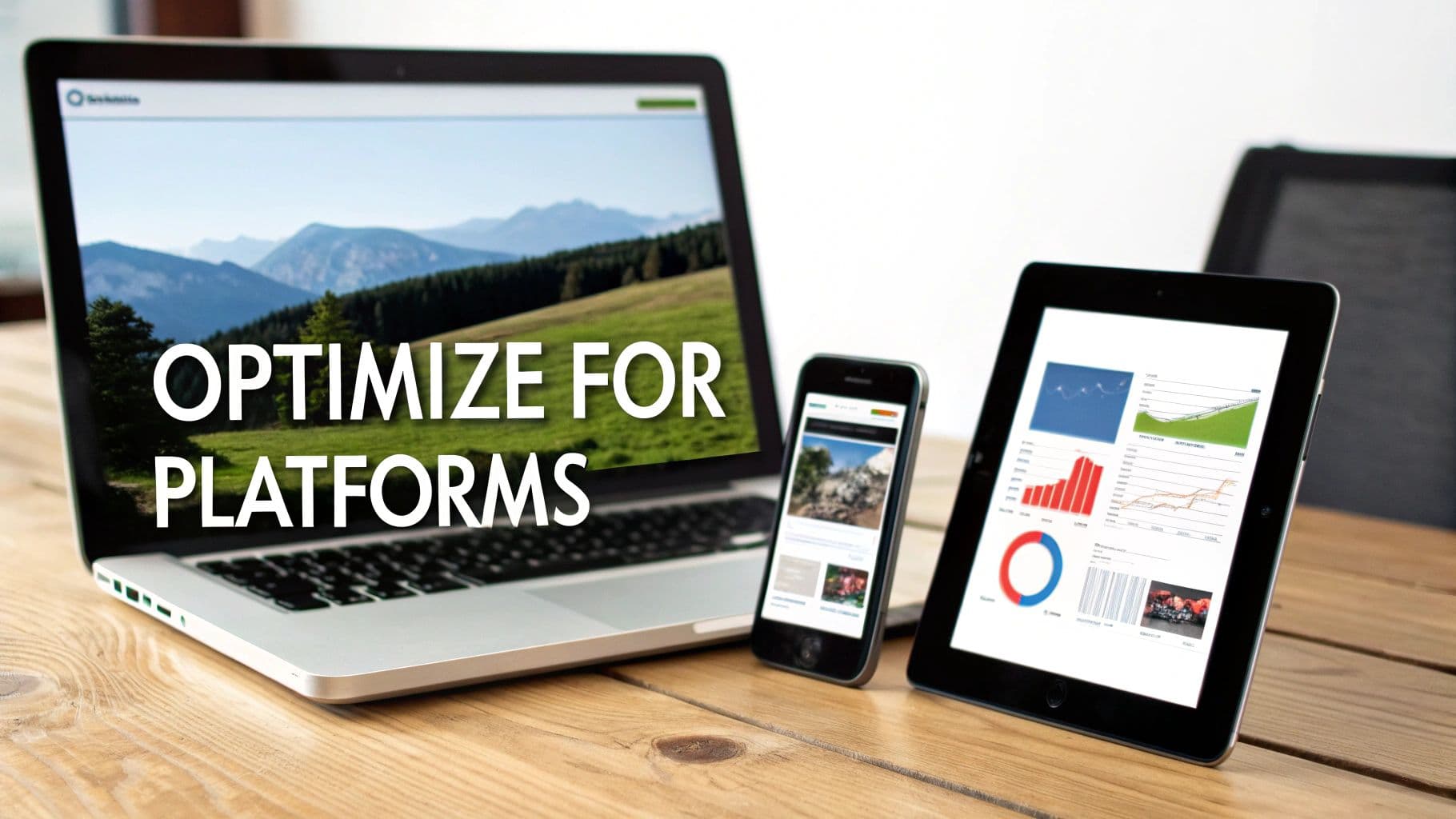 A laptop, smartphone, and tablet on a wooden desk displaying optimized content for multiple platforms.