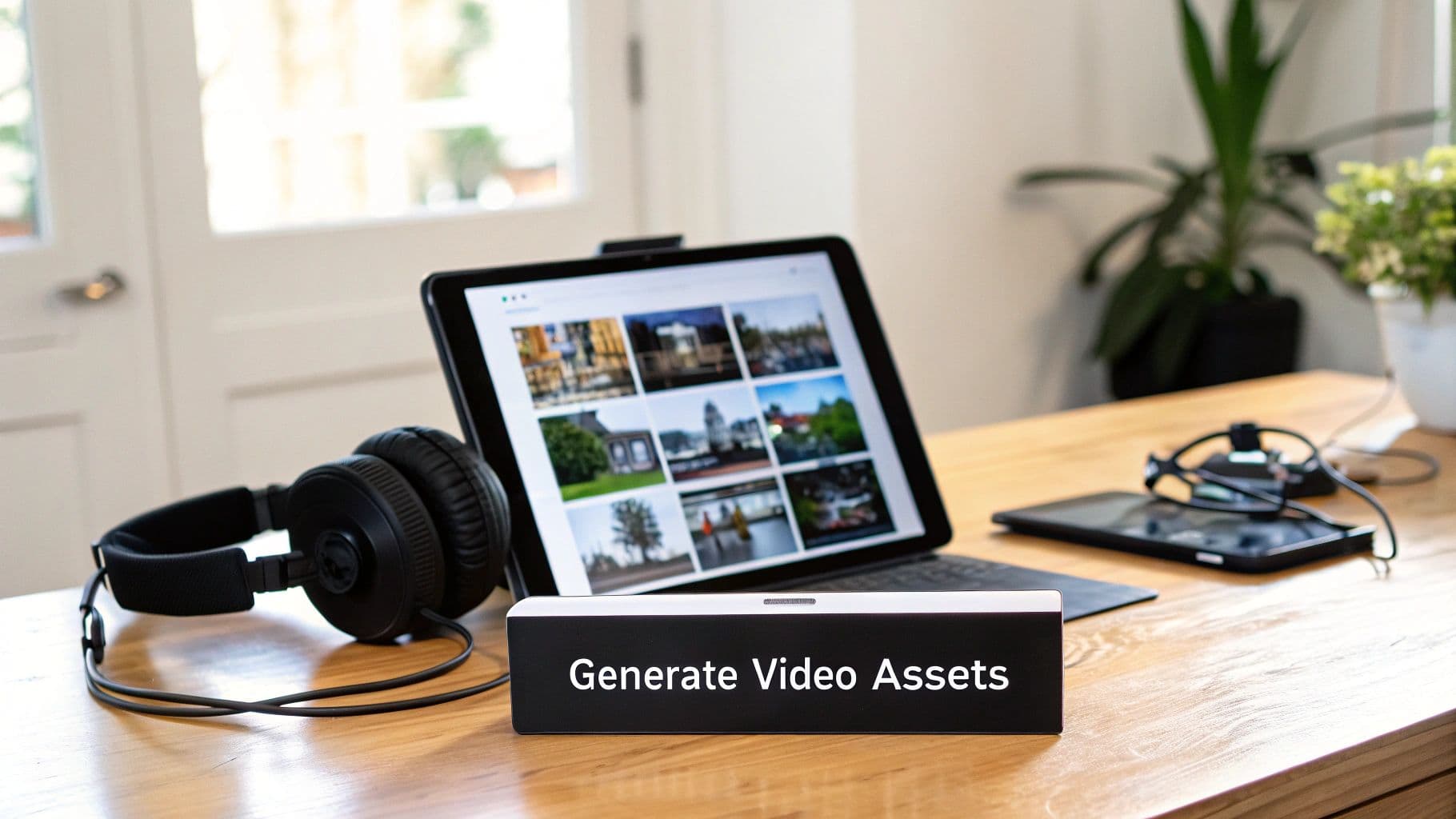Modern workspace with a tablet displaying video assets, headphones, and an AI device saying 'Generate Video Assets'.