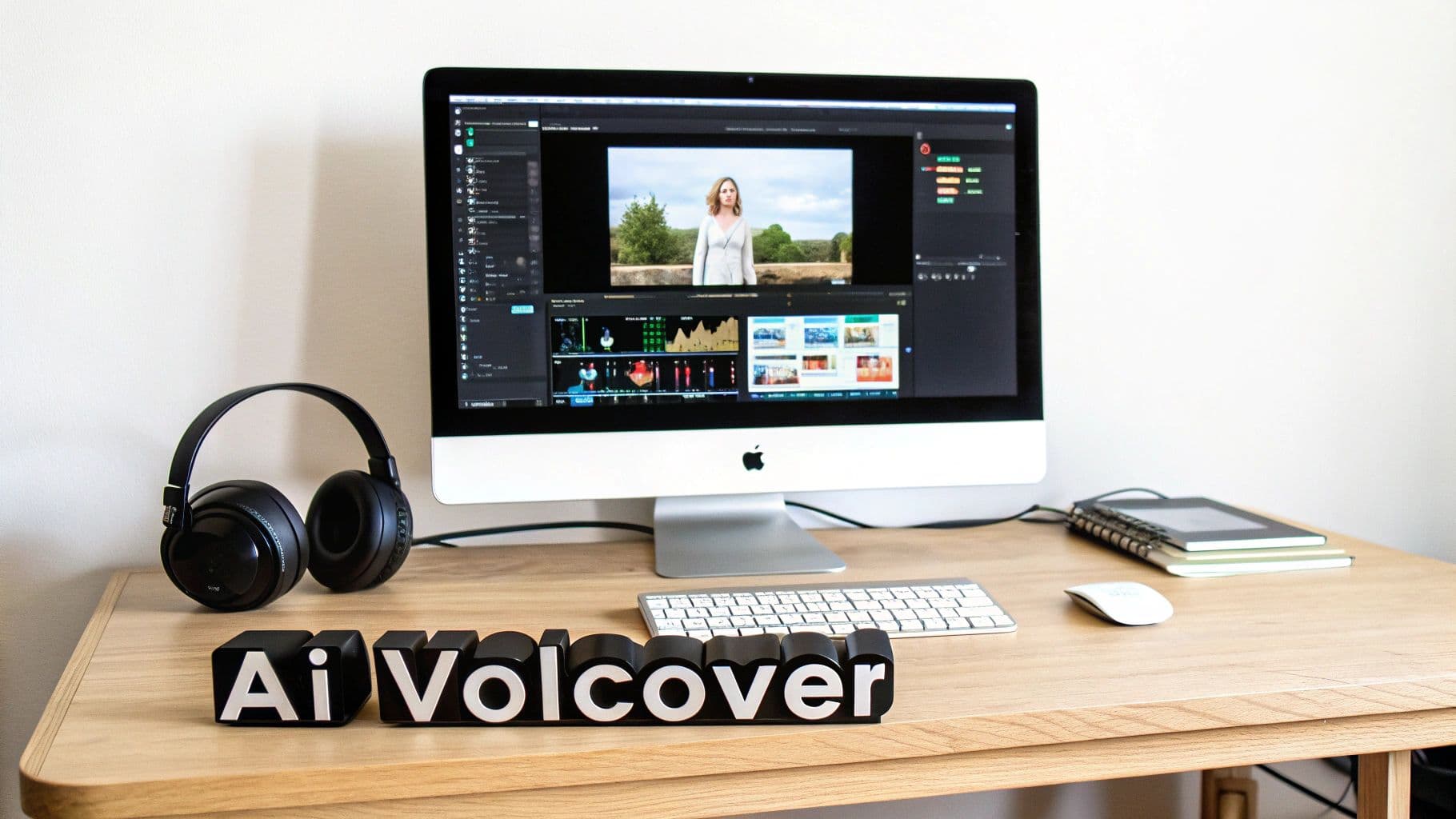 Un espai de treball modern amb un Apple iMac mostrant programari d'edició de vídeo, auriculars negres i un rètol "Ai Volcover".