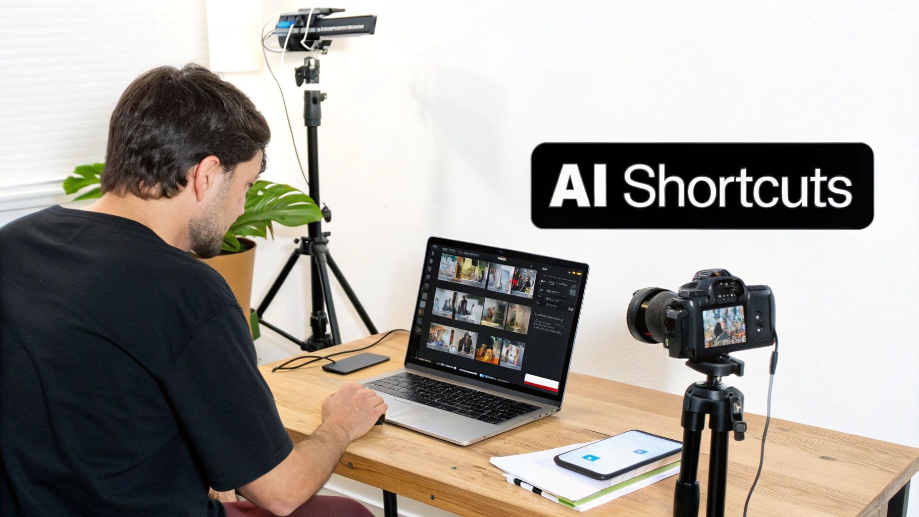 Un home utilitza un portàtil per editar vídeo, amb una càmera en un trípode i un rètol d'AI Shortcuts.