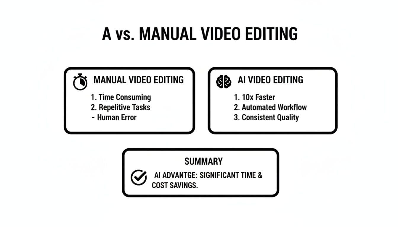 Gràfic de comparació que detalla els beneficis de l'edició de vídeo amb IA versus l'edició manual, enfatitzant velocitat i estalvi de costos.