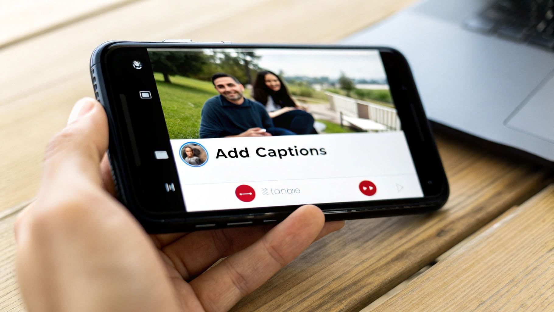 A hand holds a smartphone displaying a video with two people and 'Add Captions' on screen.