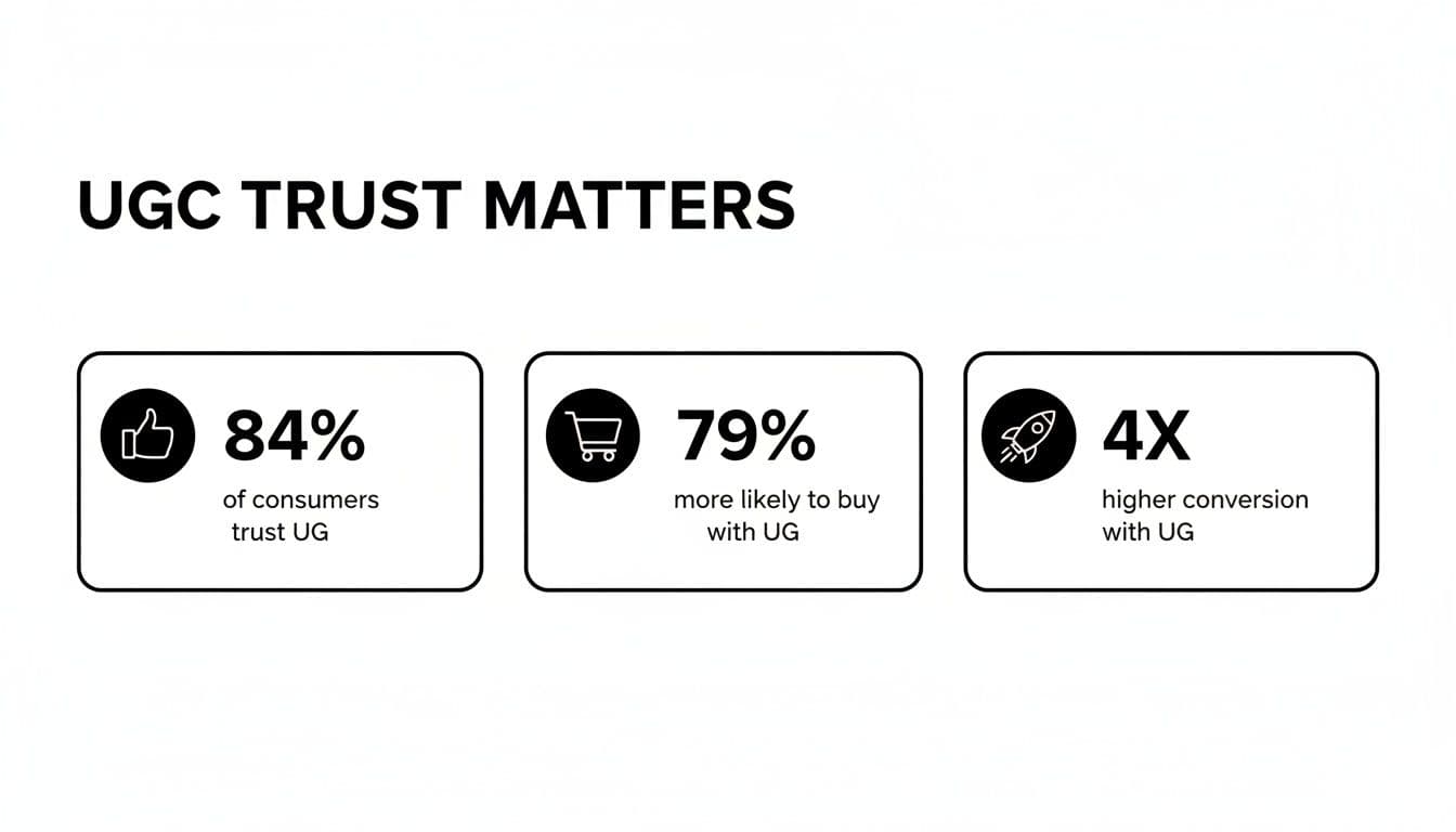 אינפוגרפיקה בשם 'UGC Trust Matters' שמציגה סטטיסטיקות על ההשפעה של תוכן שנוצר על ידי משתמשים על אמון, רכישות והמרות.