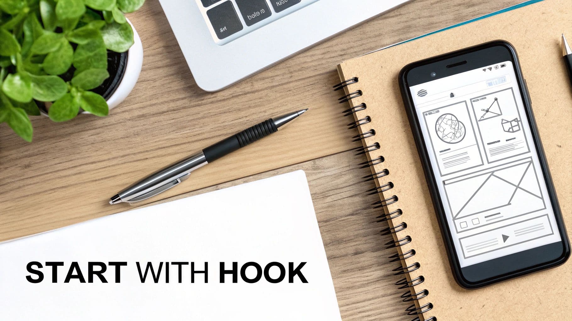 Fotografia des de dalt d'un espai de treball amb un portàtil, ploma, quadern, smartphone mostrant wireframes i text 'START WITH HOOK'.