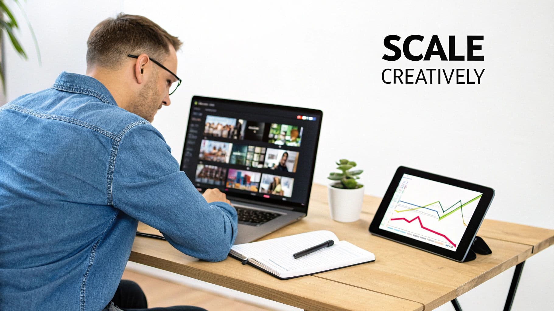 Home treballant en un portàtil que mostra previstes de vídeo, amb una tauleta mostrant gràfics de dades sobre un escriptori de fusta.