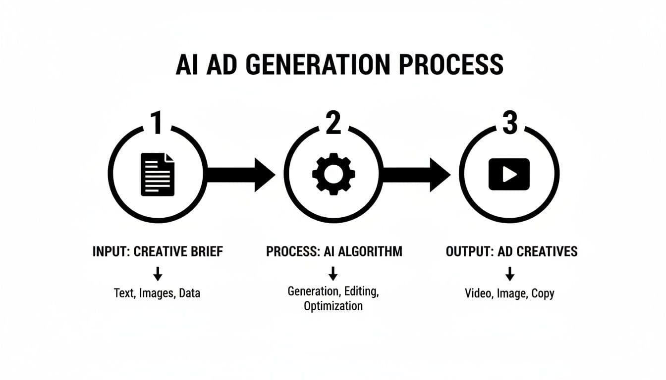 Diagrama que il·lustra el procés de generació d'anuncis amb IA, mostrant entrada, algorisme i creatius de sortida.