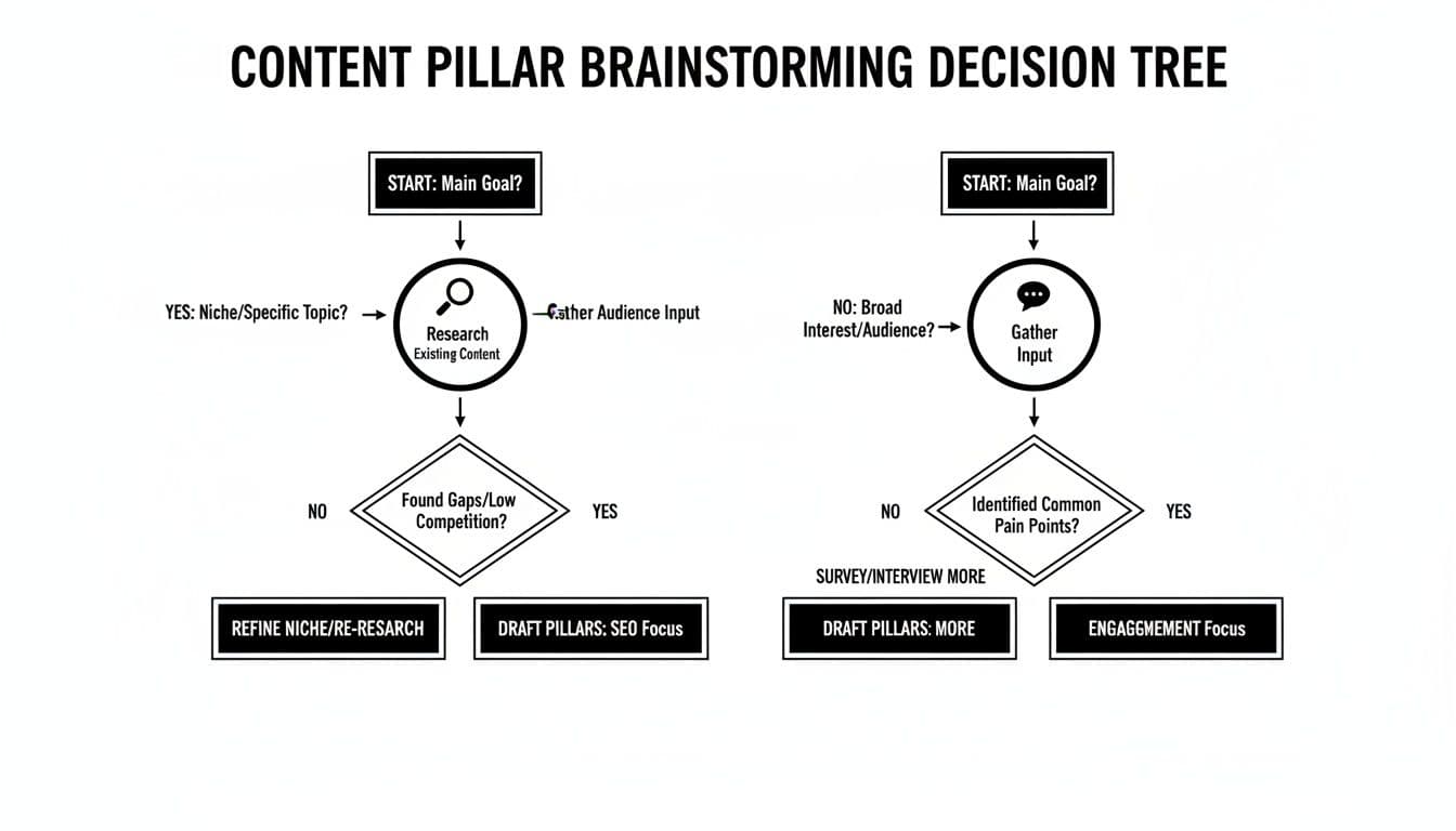 A content pillar brainstorming decision tree flowchart showing two distinct paths for content strategy.