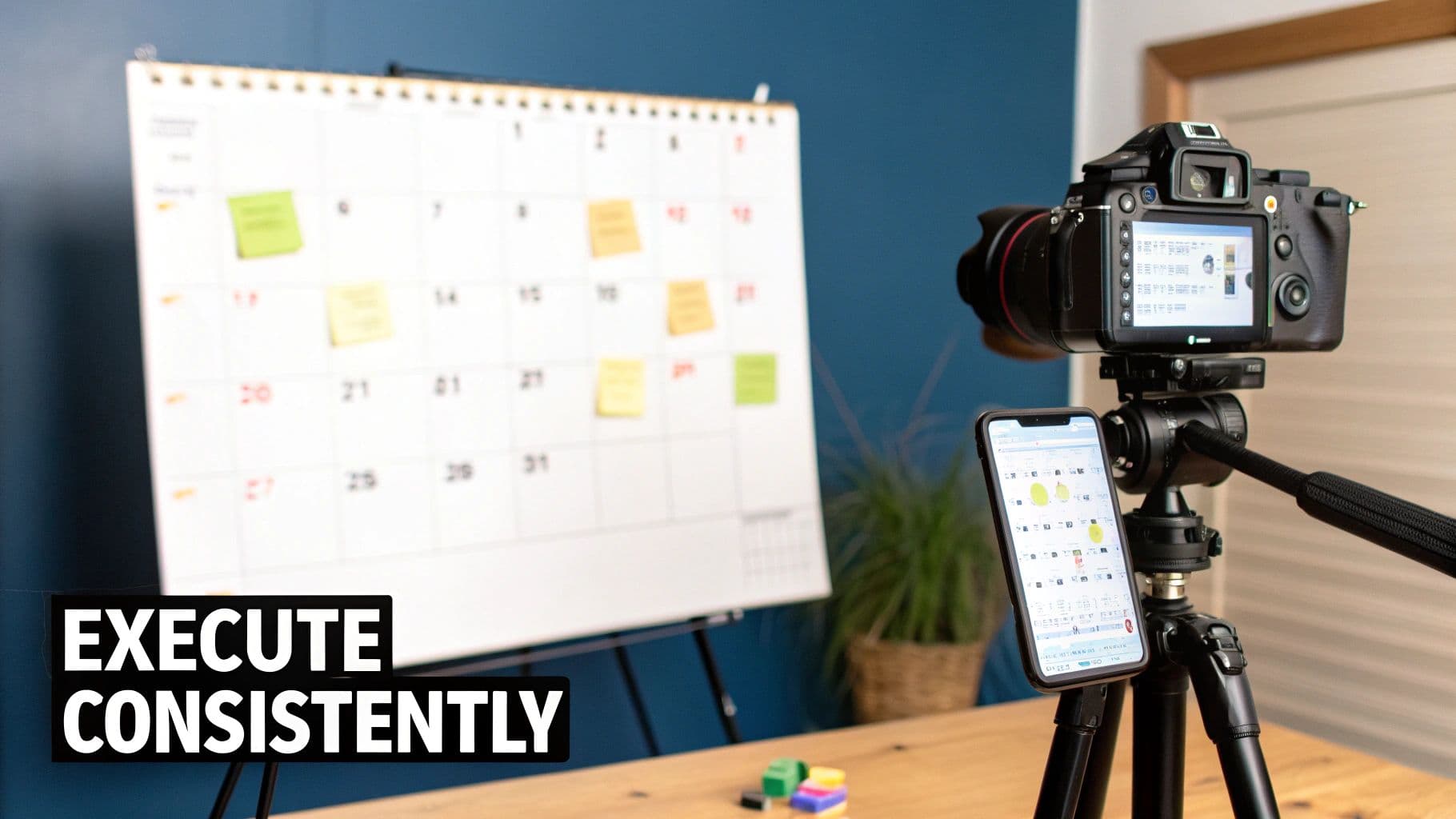 A camera and smartphone on a tripod, focused on a calendar, illustrating consistent content execution.