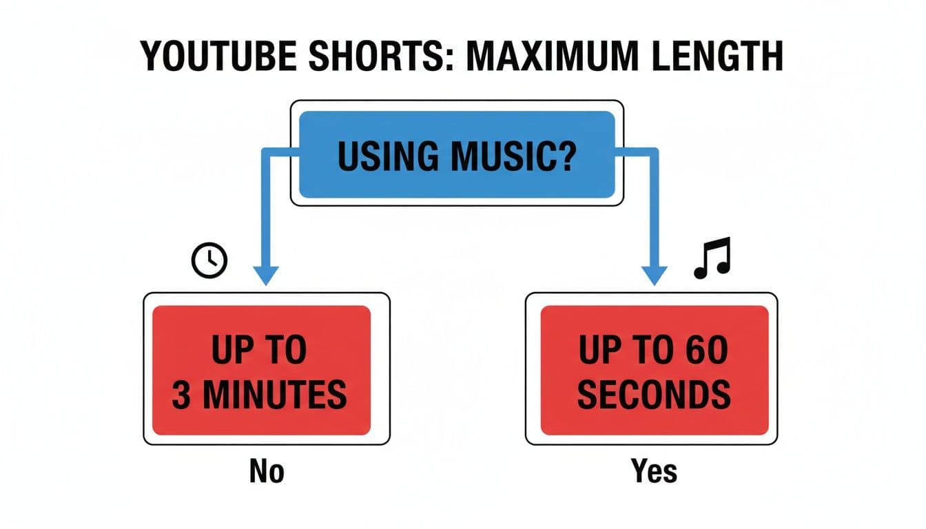 Flowchart illustrating YouTube Shorts maximum length: 3 minutes without music, 60 seconds with music.
